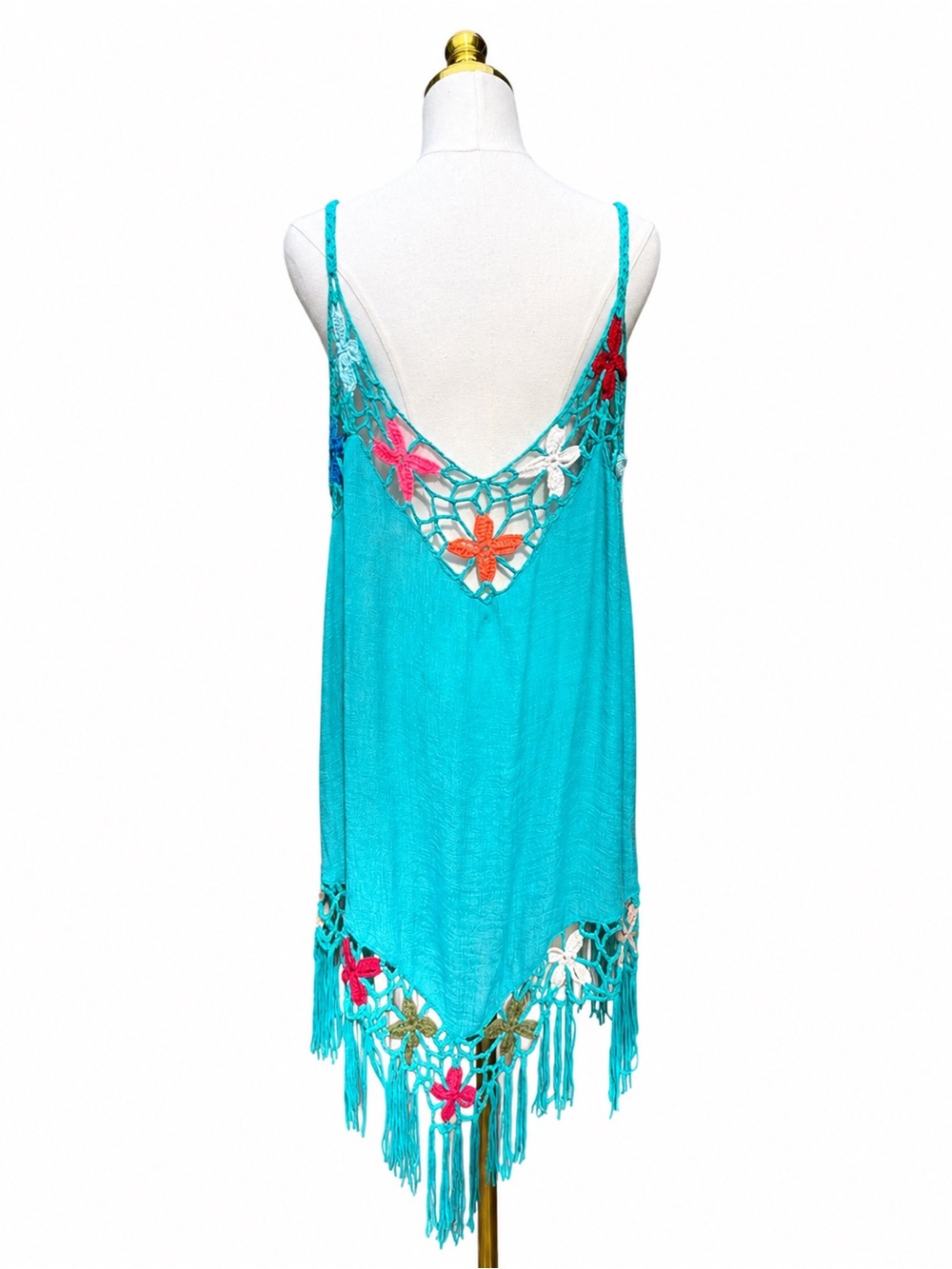Turquoise Crochet Floral Fringe Boho Dress Swim Cover Up One Size NWOT
